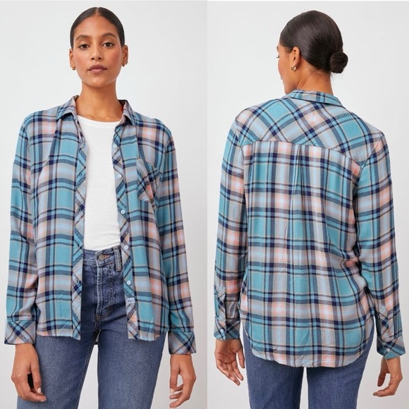 Rails Hunter Teal Peach Navy Plaid 100%‎ Rayon Button Up Shirt - Picture 1 of 11